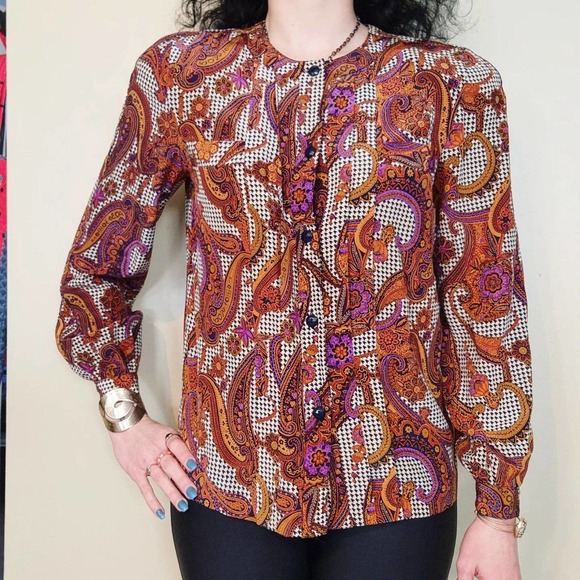 Vintage 80s Paisley & Houndstooth Silk Blouse - Picture 1 of 7